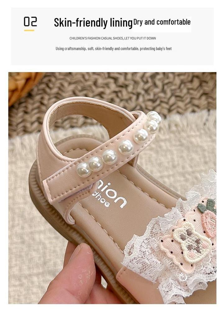 Korean Style Princess Shoes for Little Girls - 2026 Summer Lace Trim Sandals with Soft Sole