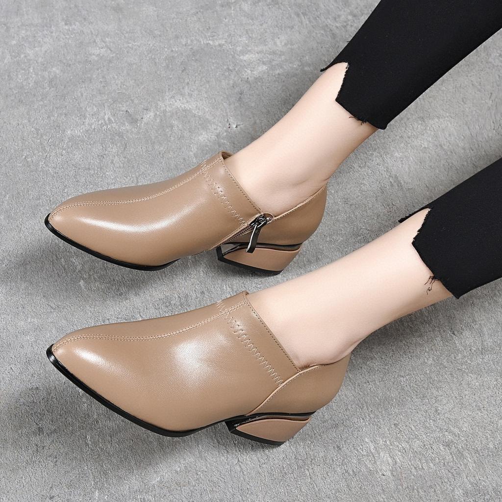 Pointed high heels women's single shoes spring new first-layer cowhide ruffle side zipper fashion shoes