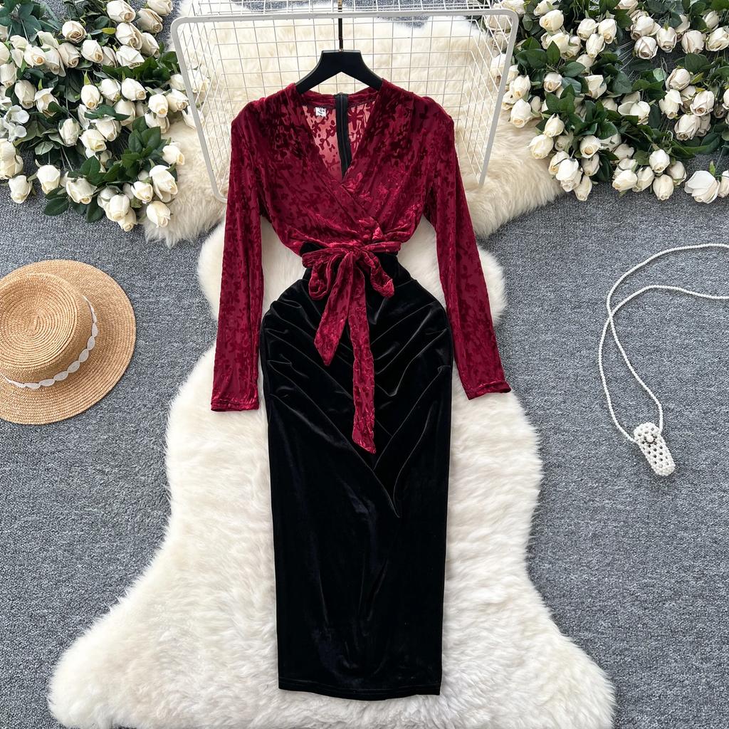 Vintage V-neck Elegant Long Sleeves Chic Flocking Print Spliced Velvet Slim Bandage Dresses Evening High Street Winter Clothing