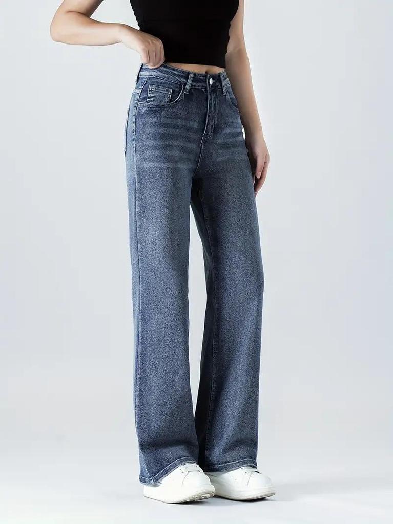 Black Washed Elastic Straight-Leg Women's Jeans