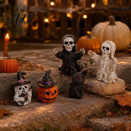 Festive Desktop Display Props Halloween Resin Figurine, Spooky Skeleton Pumpkin Ghost Statue for Detailed Horror Figurine Decorations Tiered