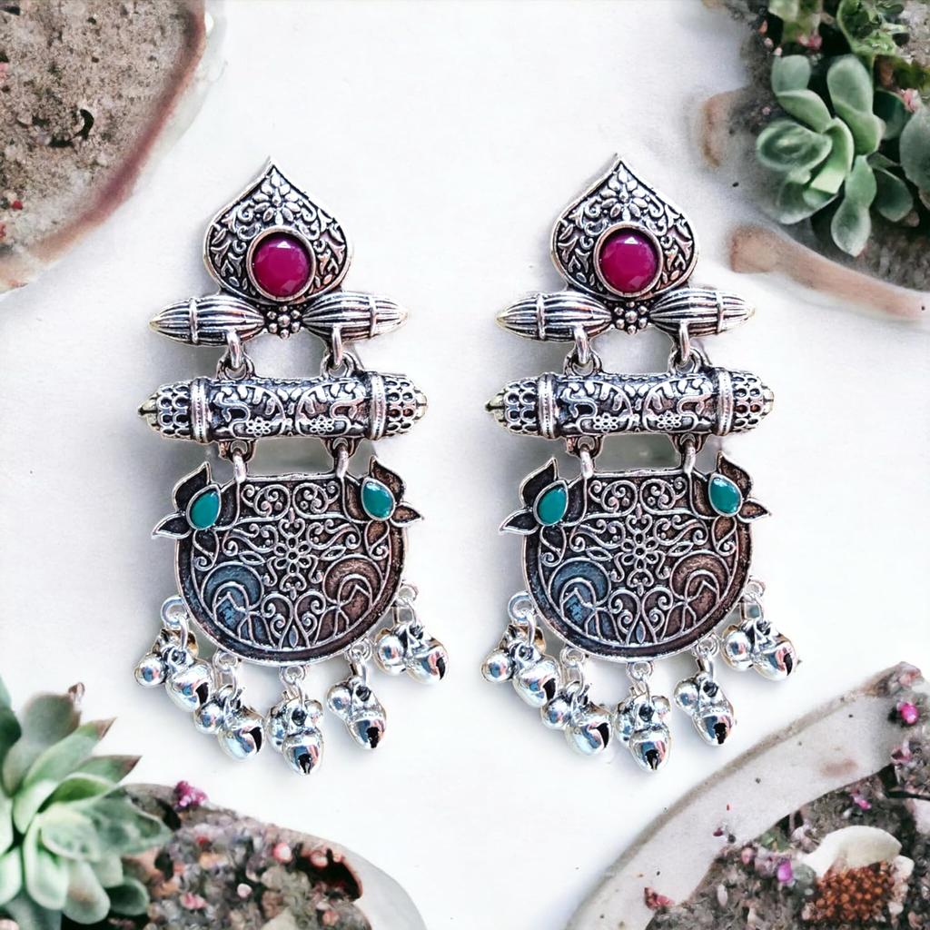 Presents Ethnic Black Long Oxidized Hoop Earrings Set Lightweight Jhumki Jhumkas for Women Silver & Black Metal Designer Earrings for Girls