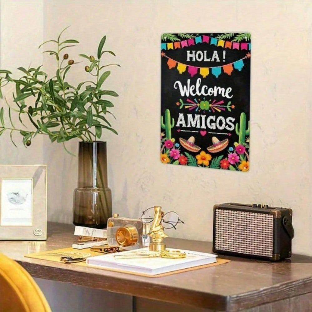 Hola Amigos Iron Wall Art Colorful Mexican Fiesta Welcome Sign Cactus Sombrero Decor Retro Home Cafe Party Hanging Plaque