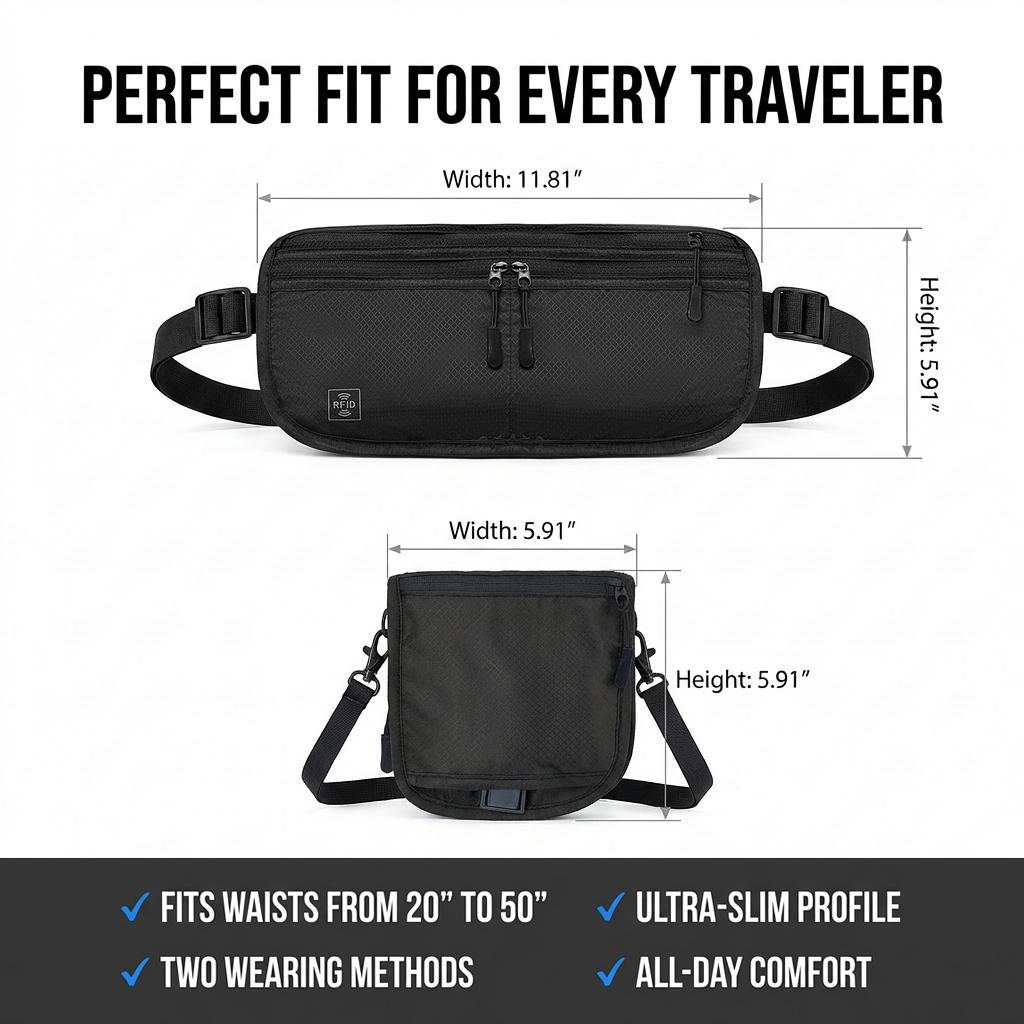 RFID Blocking Travel Waist Pouch Anti-Theft Slim Money Belt with Multi-Wear Design Waterproof RFID Wallet for Cards