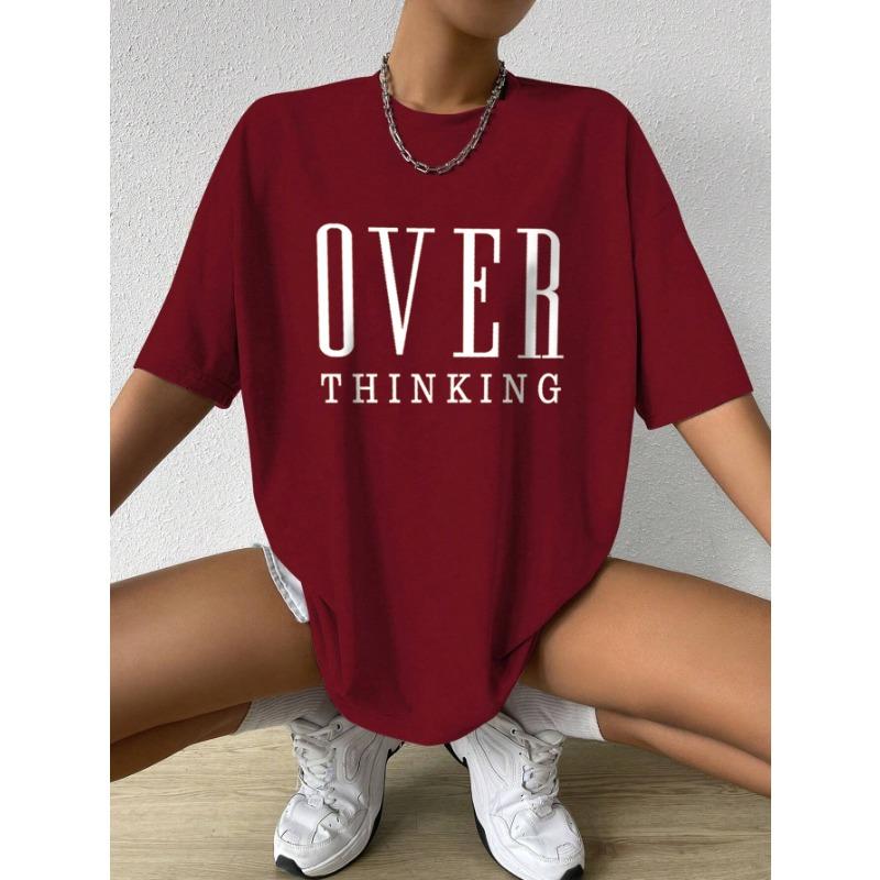 Plus Over Thinking Letter Print Women Cotton Short Sleeve Breathable O-Neck Tops All-math Casual T-Shirts Female Tee Clothing