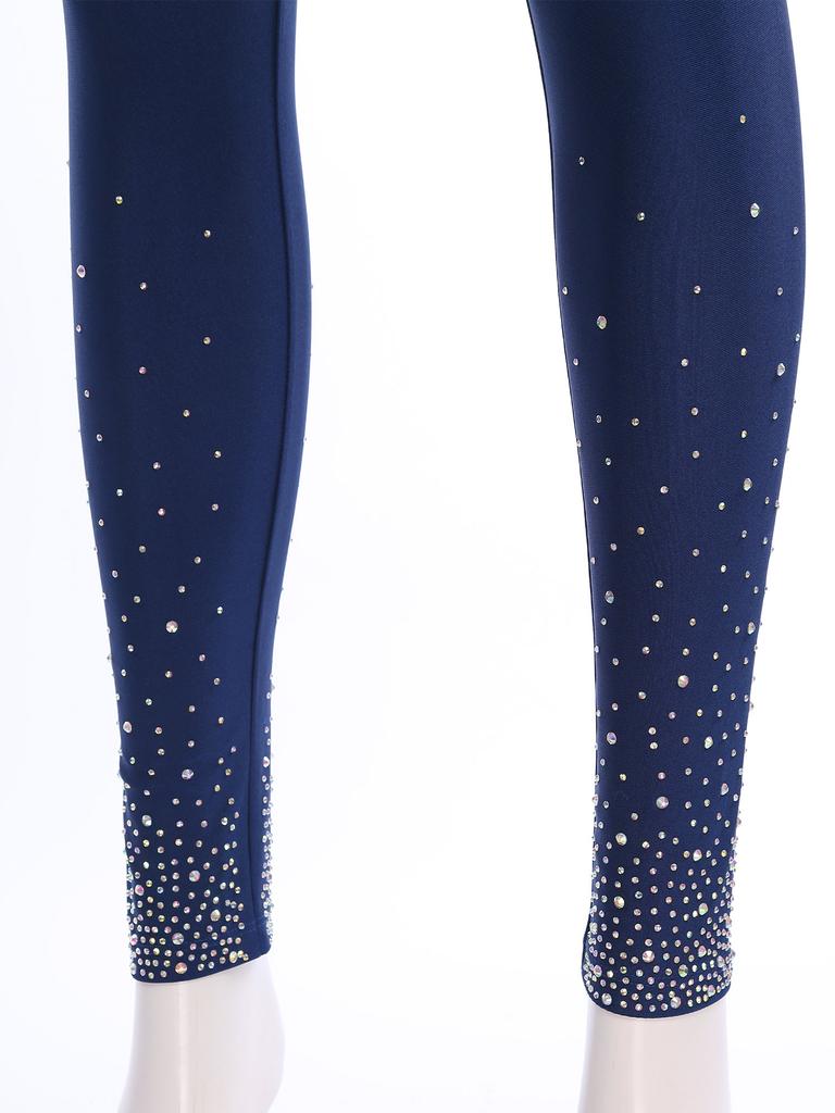 Ladies Glittery Rhinestones Gymnastics Bodysuit Sleeveless Back Hollow Out Design Bodycon Unitard Rompers Workout Jumpsuit