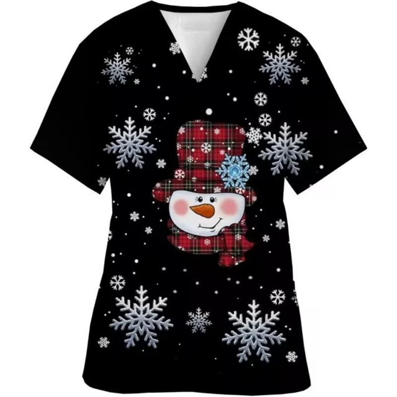 Damen Krankenschwester T-Shirt Arbeiter Weihnachten Druck Kurzarm Tasche V-Ausschnitt Gepflegte T-Shirts Kasack Uniform Arbeitskleidung Betreuer Arbeits-Tops
