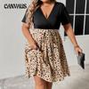 Summer Women's Dress Large Size Dresses Spliced V-neck Short Sleeve Strappy Pleated Dress