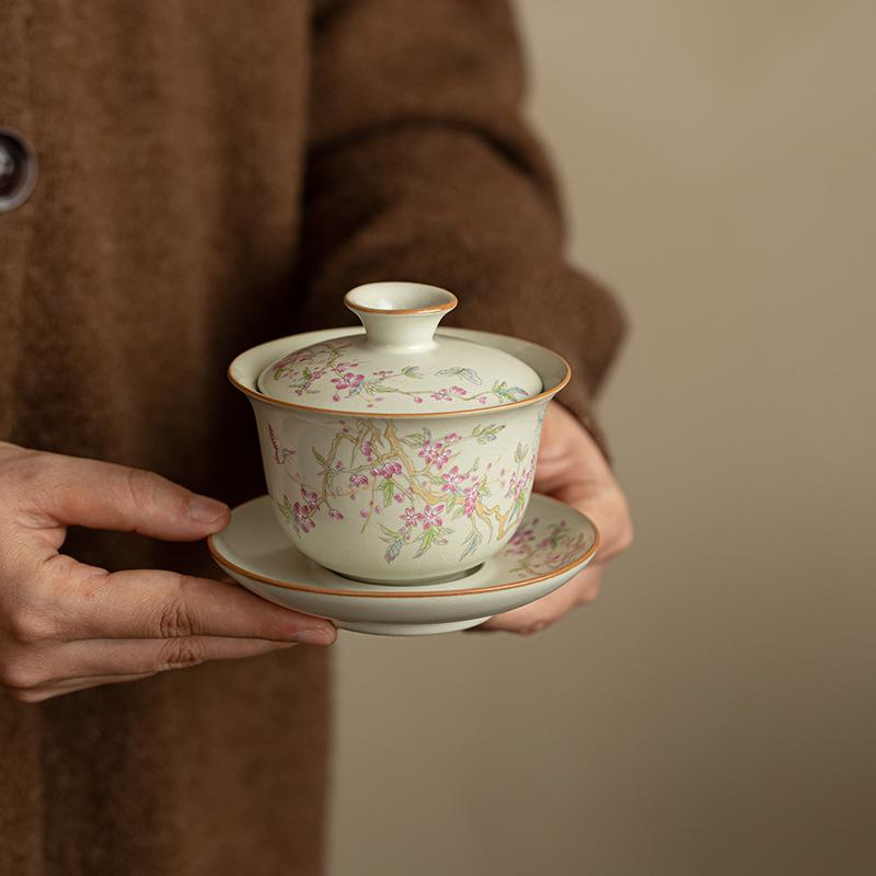 Ru Kiln Wisteria Flower Sancai Cover Bowl Chinese High-end Ceramic Tea Bowl Kung Fu Tea Set Cover Bowl Cup Single Tea Ware