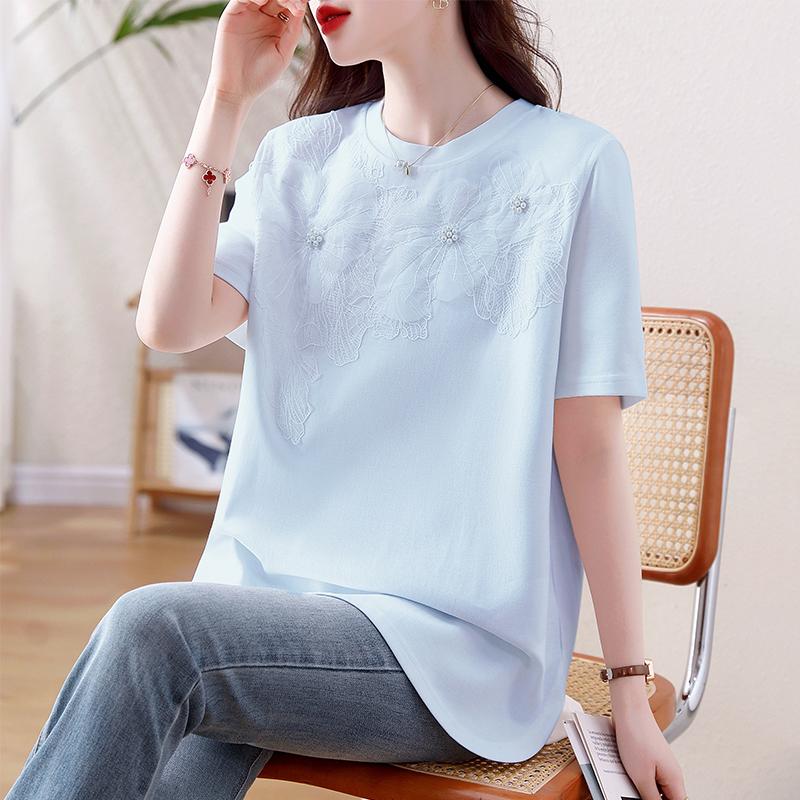 Dimanaf 2025 Summer Women Plus Size Basic T-Shirt Vintage Fashion Casual Loose Flower Lace Tops Tees Oversized