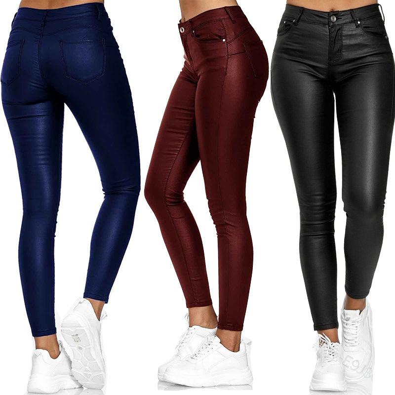 

Solid Color Leather Casual Pants Feet Pants Women s Trousers High Waist PU Leather Leggings Slim Fit Versatile Daily Wear Trousers Leggings Pants XS червоний
