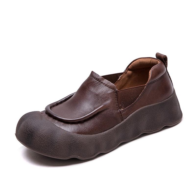 Spring New Genuine Leather Ugly Chic Platform Loafers Women Round Toe Slip On Casual Shoes Comfortable Thick Sole Flats