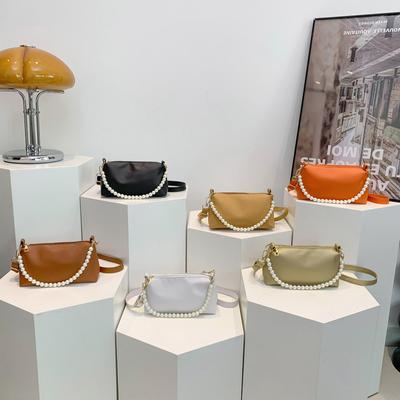Solid Color Texture Simple and Fashionable Pearl Chain Small Bag for Women's Spring and Summer Niche Design Fashionable Crossbody Small Square Bag