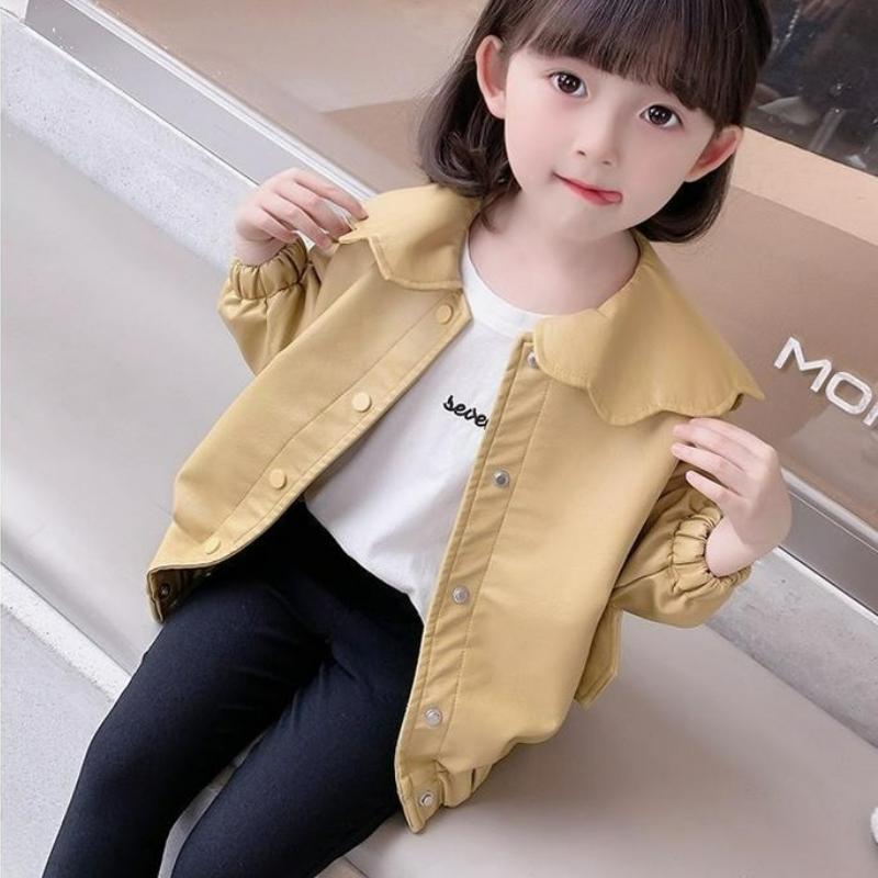 Girls Lapel Leather Jacket Spring and Autumn Children's Korean Short Jacket Girl Baby Casual Solid Color Windbreaker