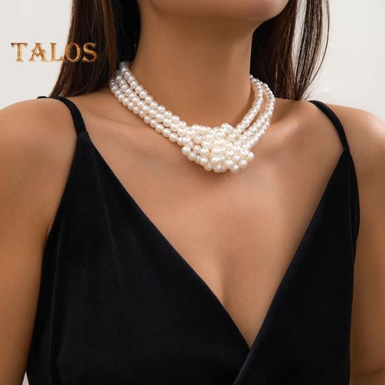 Women Necklace Smooth Multi-layered Faux Pearl Adjustable Length Stainless Alloy Neck Decoration Jewelry Birthday Gift Party Prom Choker Necklace