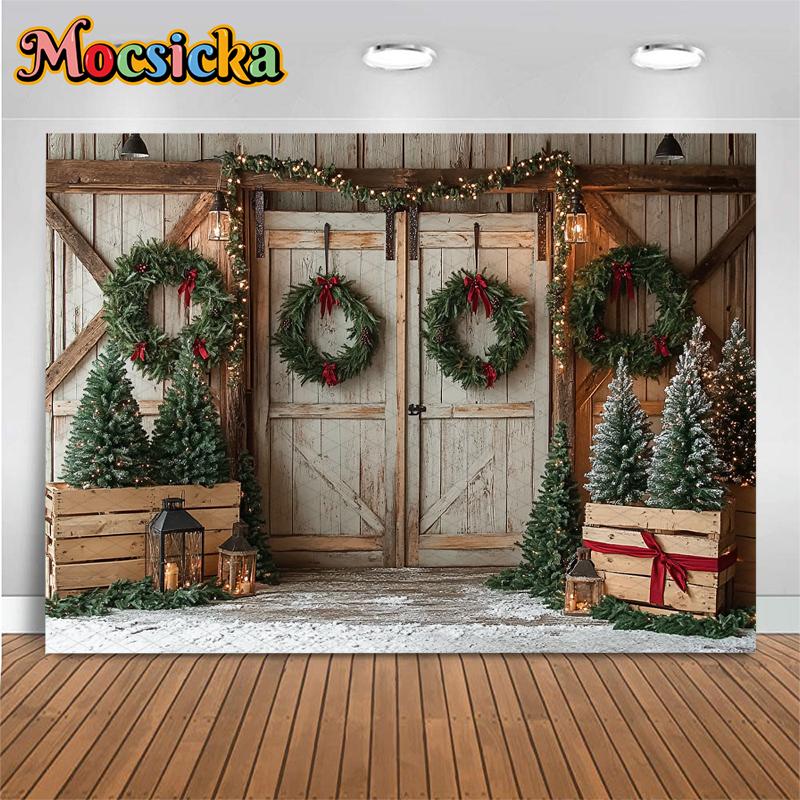 Mocsicka Christmas Wood Door Background Photography Room Wreath Tree Wall Backdrop Shooting Props Party Decoration Studio Banner