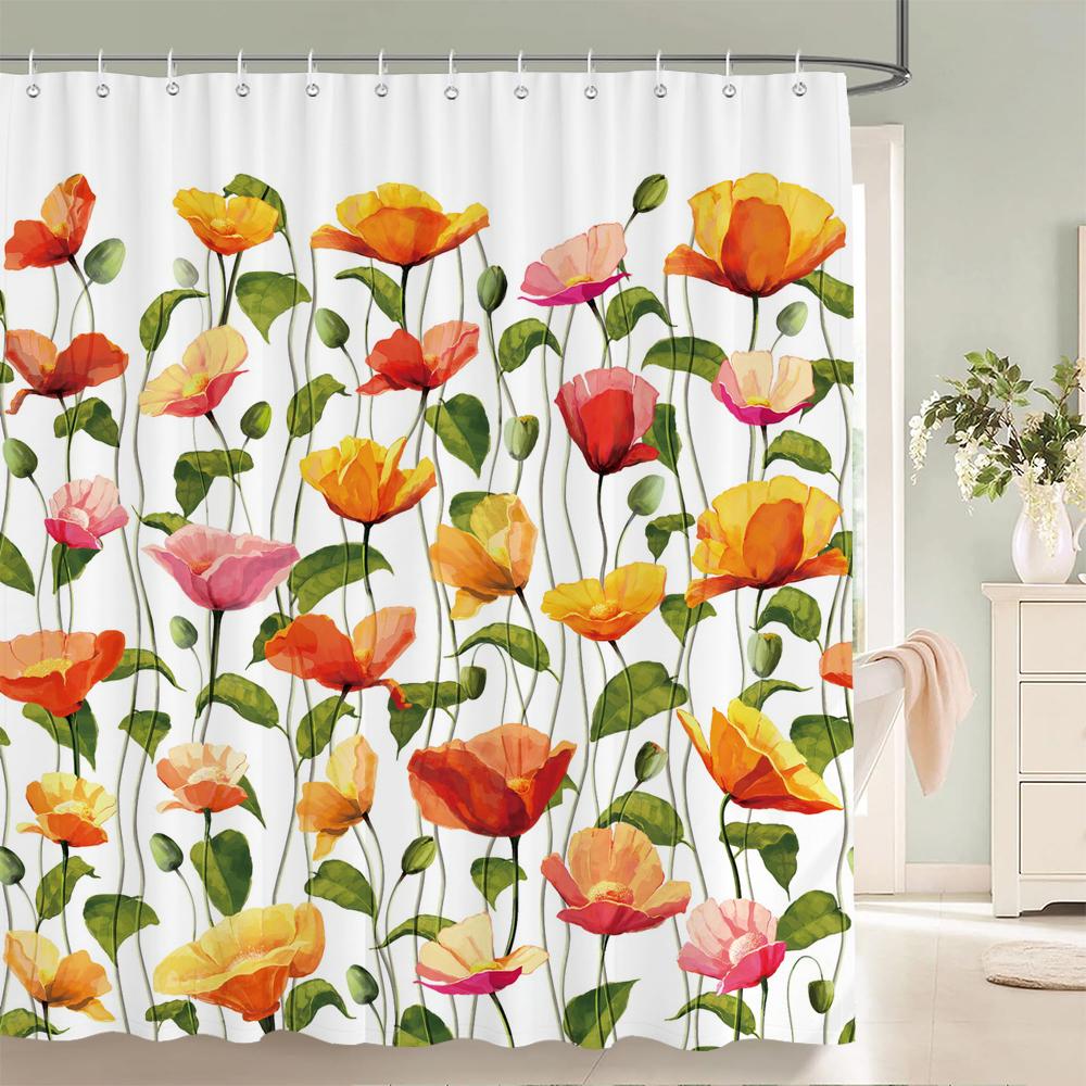 1Pcs elegant rose flower printed fabric waterproof shower curtain, romantic and fashionable rose bathroom decoration, with hooks