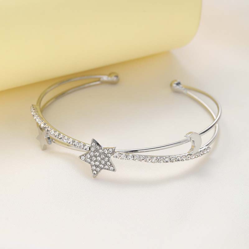 Fashion Double Layer Star Moon Cuff Bracelet For Women Simple Silver Color Crystal Hollow Geometric Bracelet Jewelry Gifts