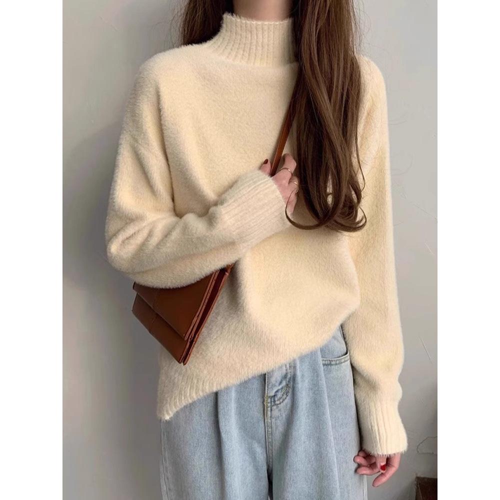 Women's 2025 Mink Cashmere Thick High Neck Sweater - Autumn/Winter Fashion Knitted Base Layer Top