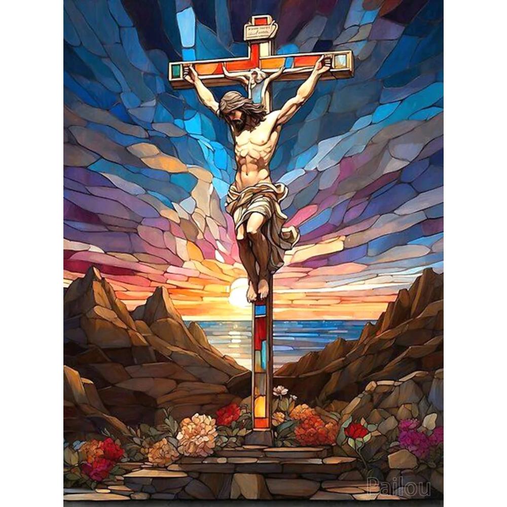 Jezus Chrystus Sztuka Witrażowa DIY 5D Malowanie Diamentowe Religijny Święty Krzyż i Maryja Dziewica Mozaika Haft Krzyżykowy Prezent Wystrój Domu