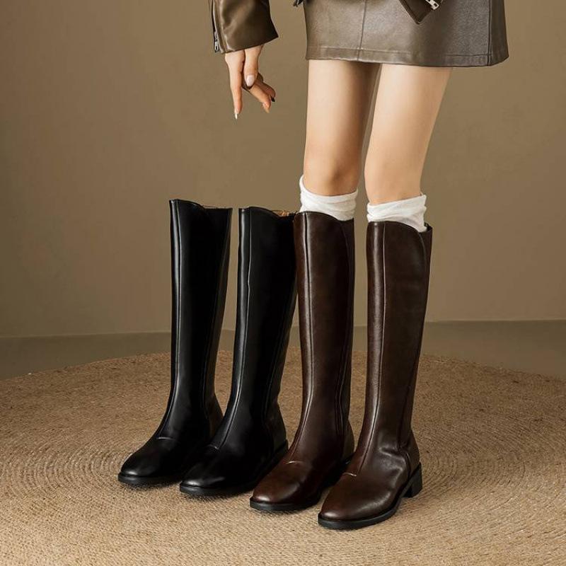 New Medium Heel Large Size Women's Boots Solid Color Rear Zipper Square Heel Comfortable Leather Fashion Boots Square Head Cowhide High Boots