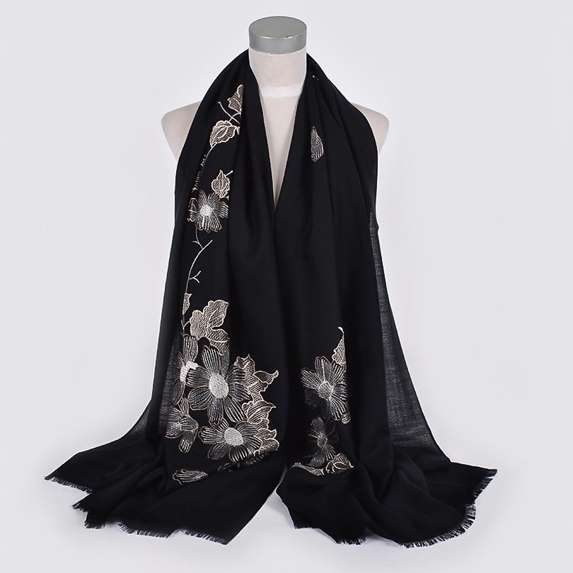 [BYSIFA] New Women 100% Wool Scarves Shawls Embroidered Fall Winter Solid Black White Ladies Long Scarves Hijabs Neck Scarf Wrap