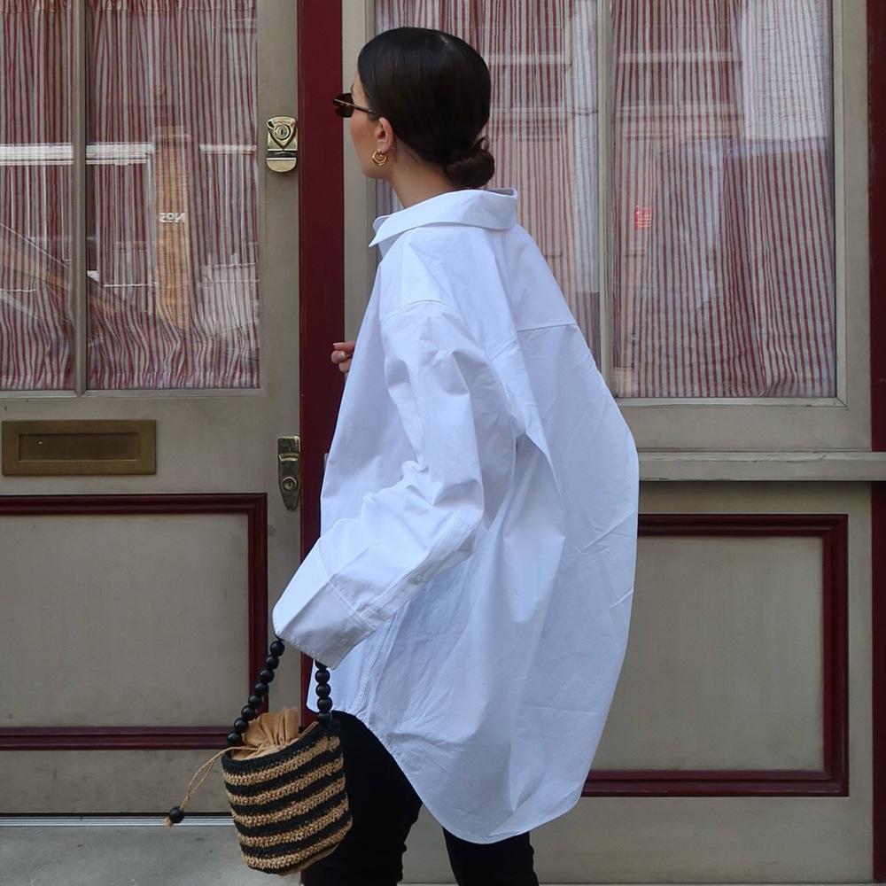 Simple white long-sleeved shirt autumn lapel single-breasted shirt European and American pure cotton loose shirt women