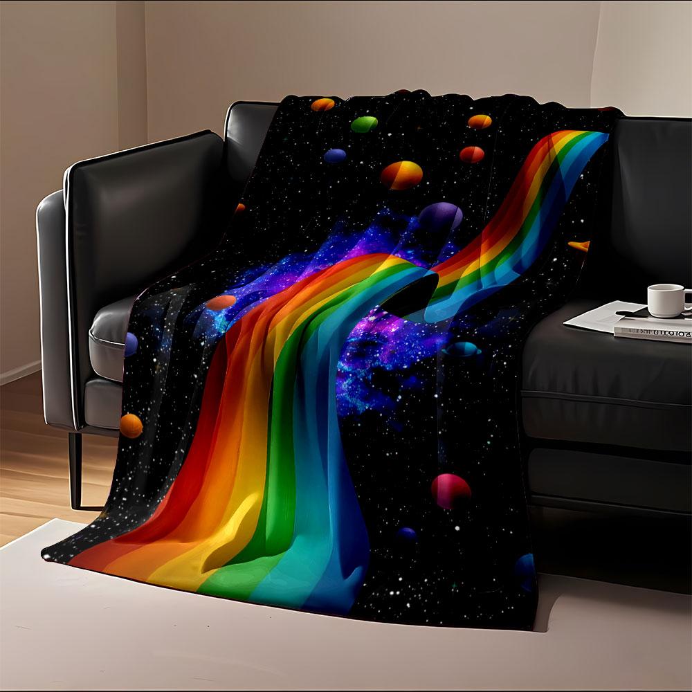 A flowing rainbow ribbon amidst colorful planets and a starry cosmic backdrop. for all seasons blanket lunch break throw gift