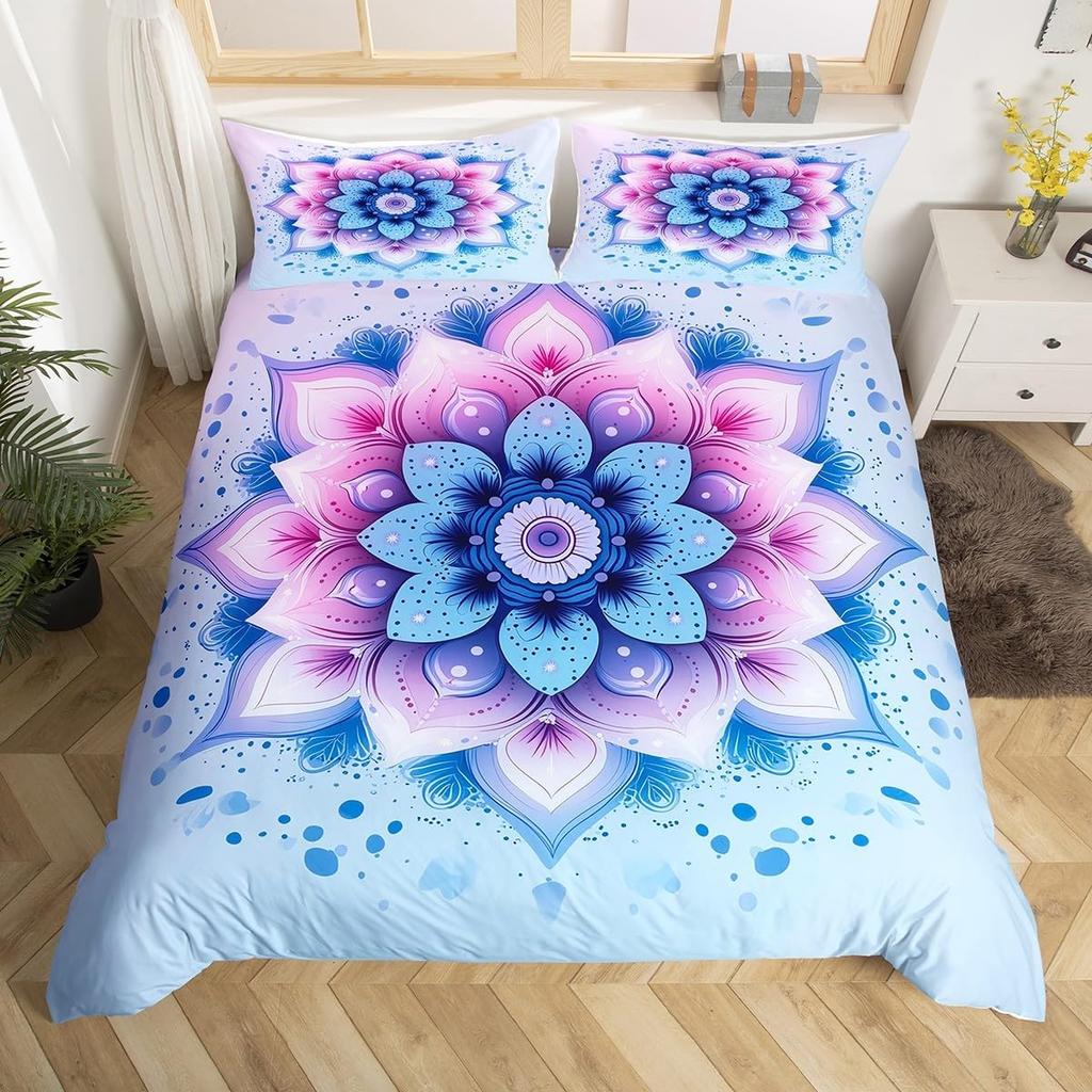 Lotus Duvet Cover Trippy Dreamy Mandala Bedding Set,Boho Floral Comforter Cover Exotic Tribal Damask Flowers Bed Set Twin Queen