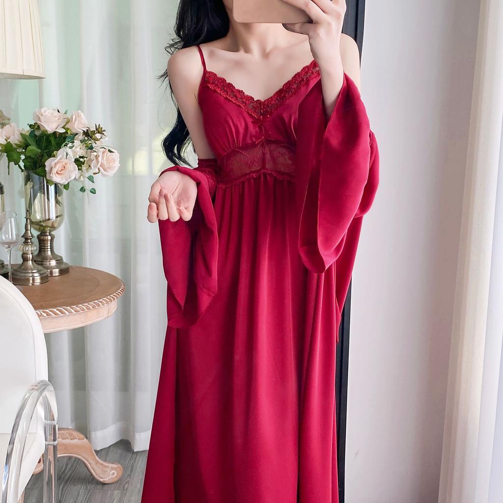 Spring and summer new thin nightgown chest pad suspender sexy two-piece set long ice silk nightgown pajamas temperament loungewear