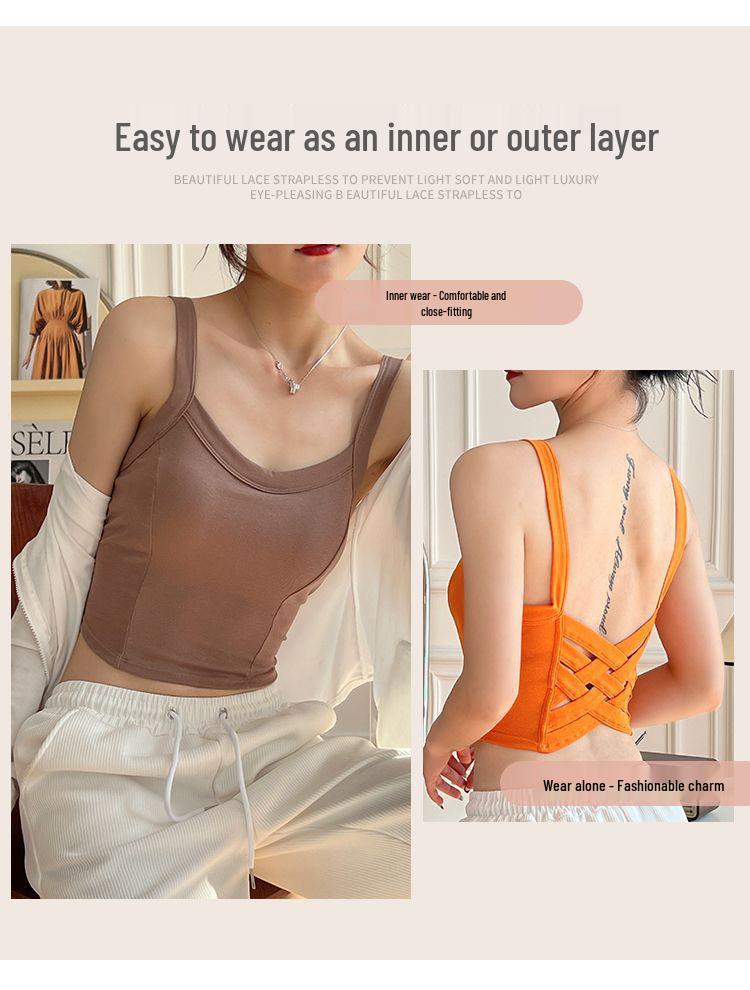 Women's Pure Cotton Vest with Fixed Cup Straps & Chest Pads - Breathable Lingerie & Outerwear
