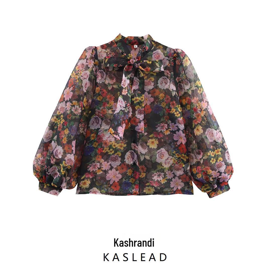 

2025 Spring Women s European & American Organza Print Puff Sleeve Shirt Extra Small