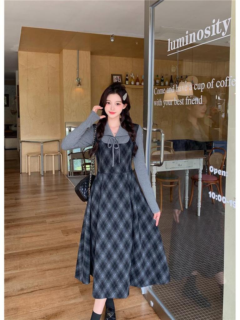 Plus Size Plaid Two-Piece Look Dress - Spring 2026 Slimming Long-Sleeved Waist-Cinched Skirt for Women