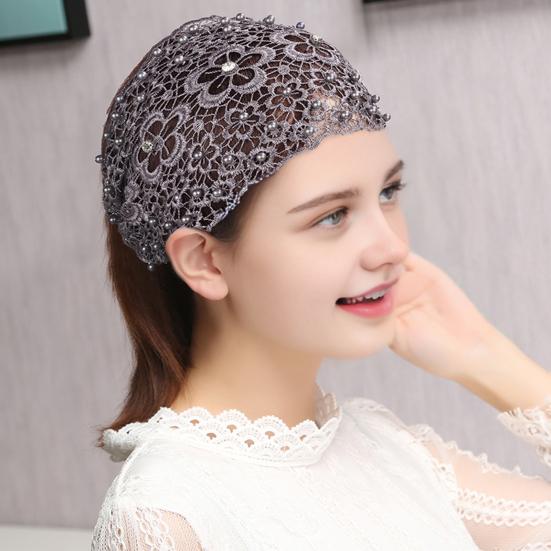 Krajková čelenka zdobená umělými perlami Dámská vysoce elastická široká vlasová gumička s designem pětilisté květiny Vlasové doplňky