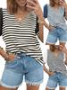 Women's Striped Color Block V Neck T Shirt Puff Sleeve Oversized Casual Top