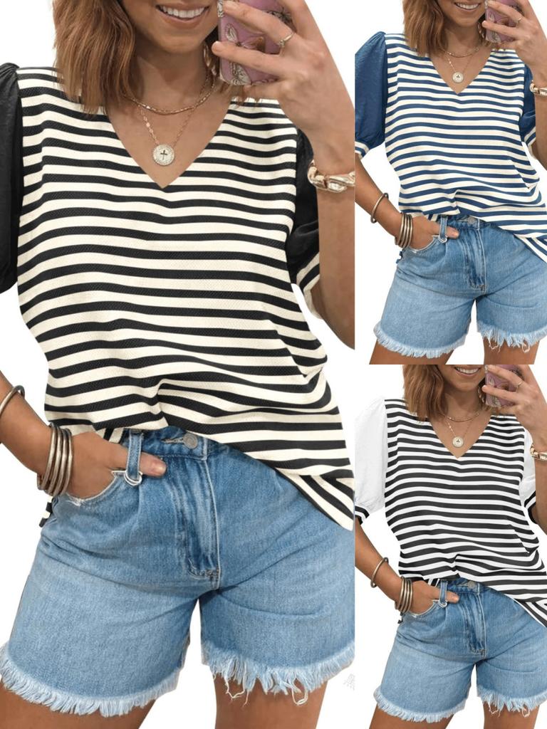 Women's Striped Color Block V Neck T Shirt Puff Sleeve Oversized Casual Top