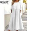 QICED Women's Fashion Summer Spring Solid Color Print Short Sleeve O-Neck High Waist Casual Dresses