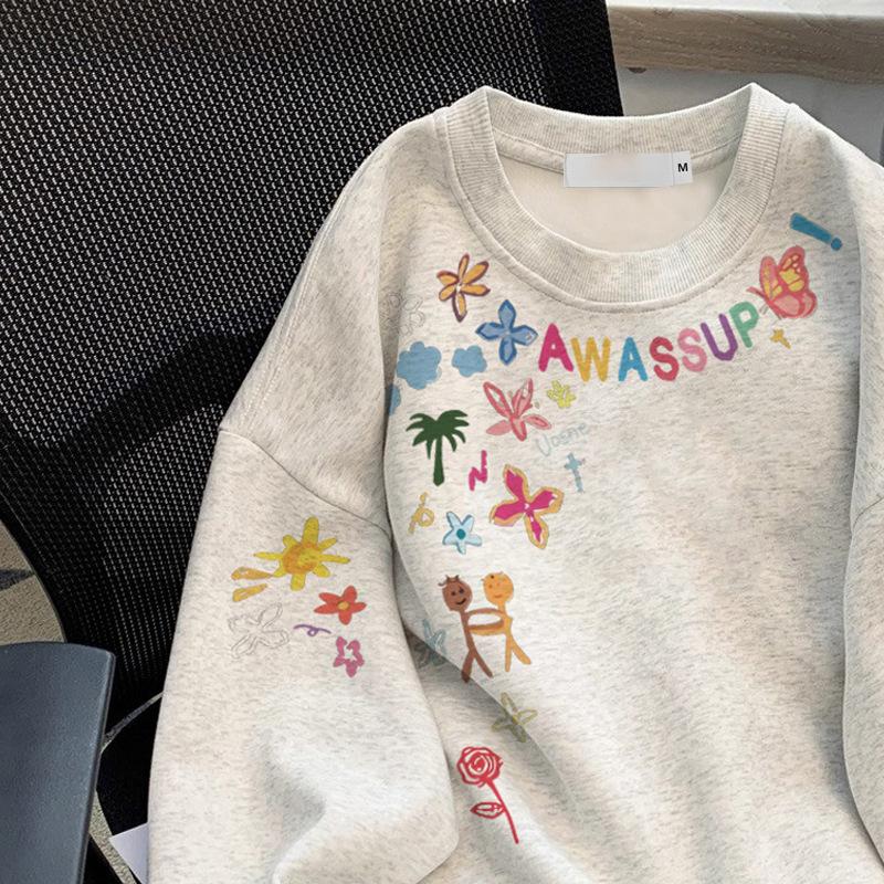 Crew neck sweater girls fleece thickened autumn and winter American high street heavy versatile jacket boys long sleeves