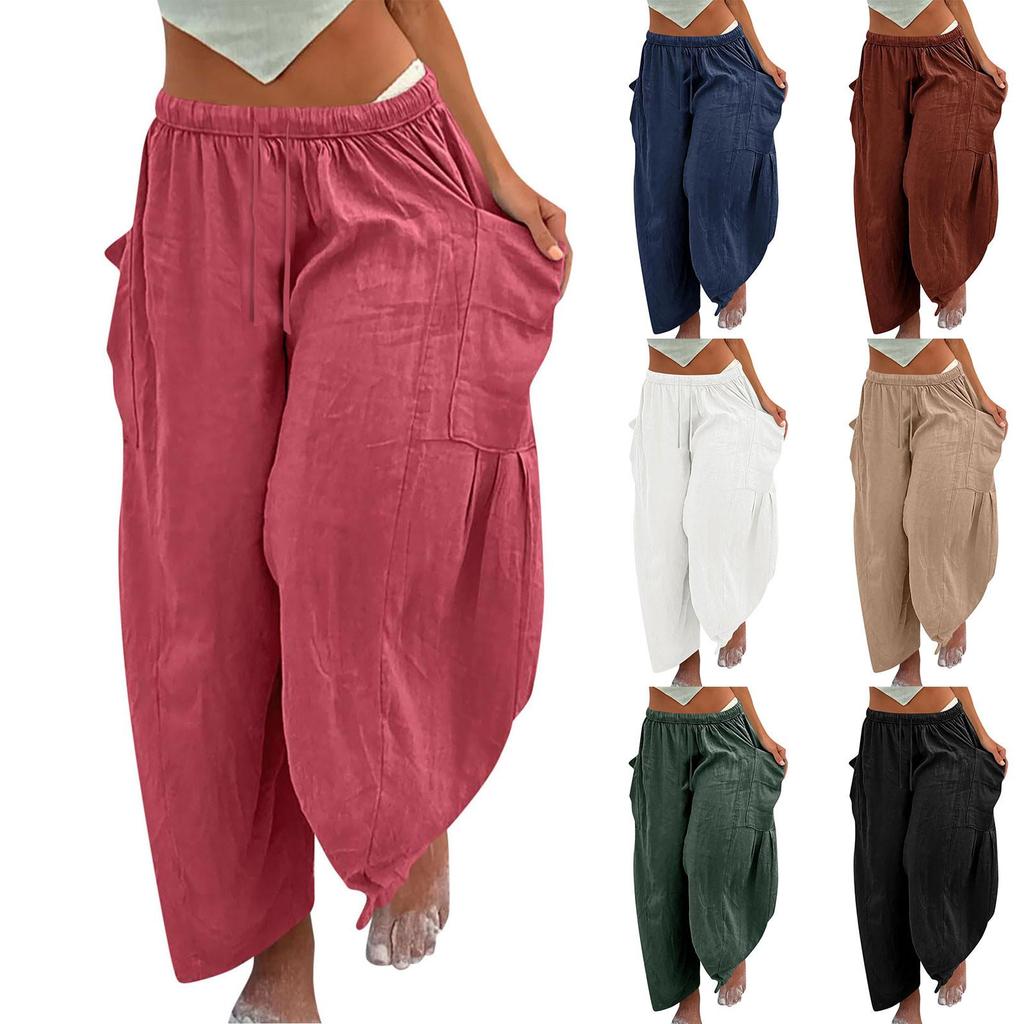 Damen Plus Size Leinenhose mit weitem Bein, mittlere Taille, Sommer-Baggy-Hose