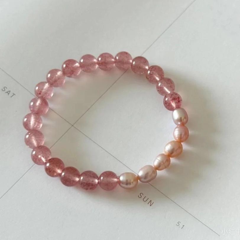 Peach Blossom Feng Shui Strawberry Crystal Natural Freshwater Pearl Bracelet Sweet and Cute New Chinese Style Bracelet Half strawberry crystal,