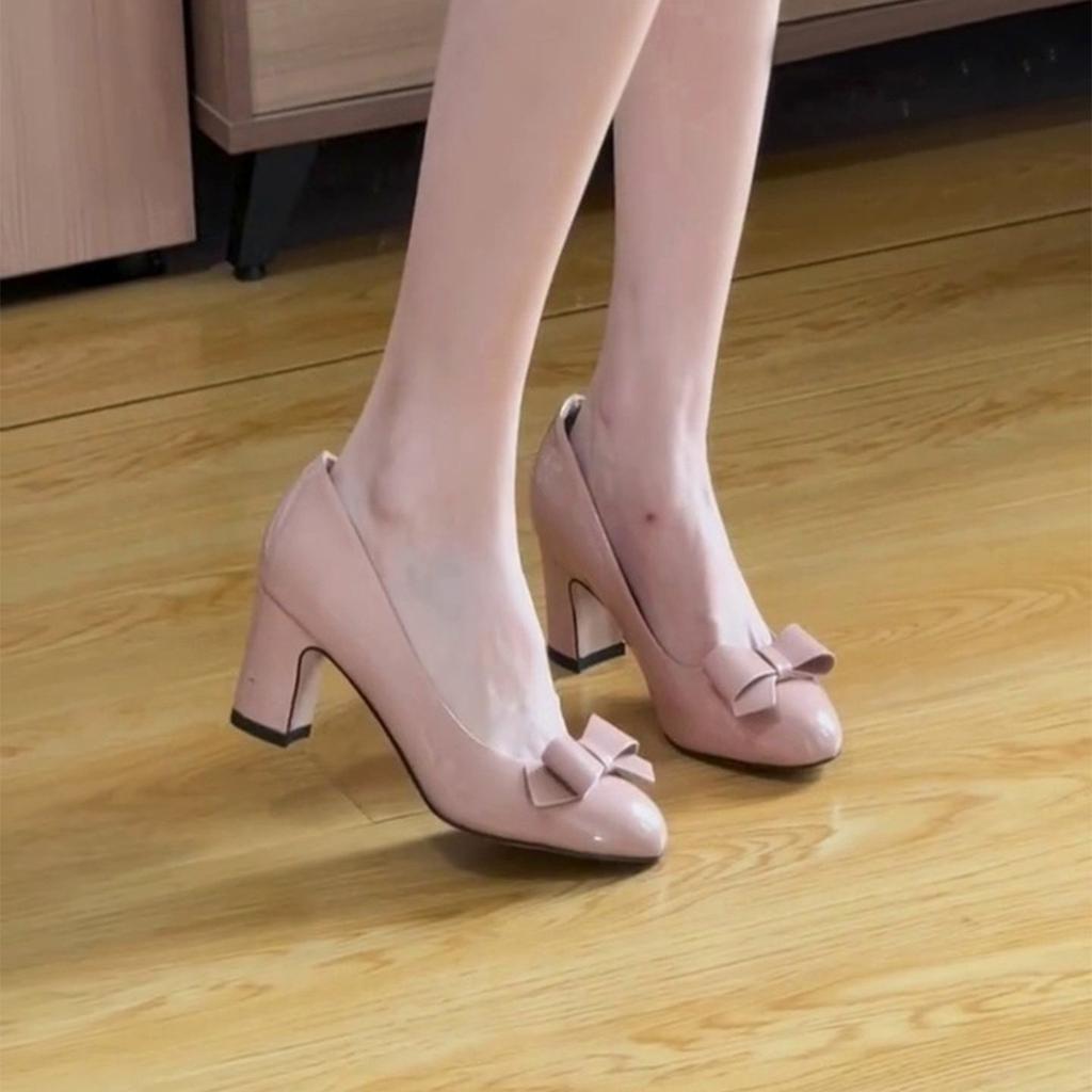 Round head thick heel high heels bow light mouth single shoes design sense spring and autumn nude