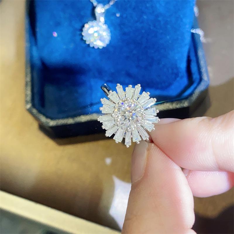 D Color Moissanite Sunflower Jewelry Set with Certificate: Ring, Earrings, Pendant, Diamond Tester Pen & Black Card
