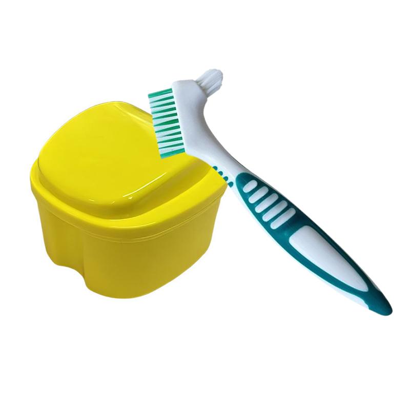 Travel Double Layer Denture Storage Box With Cleaning Brush Oral Care Container Non Slip Handle Denture Toothbrush