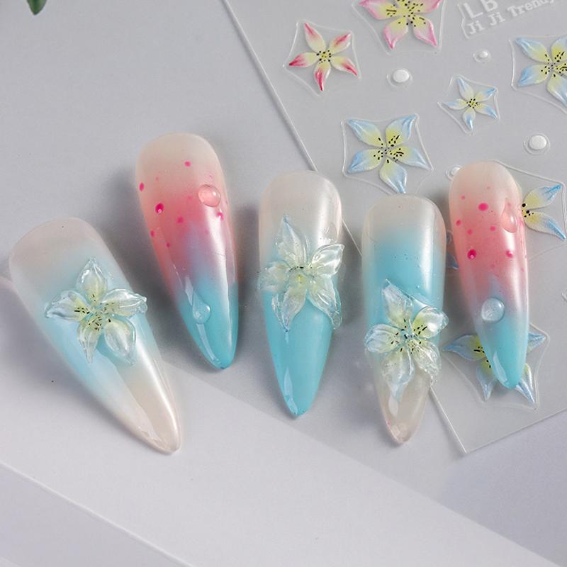 1Sheet Pink Lily Flower Nail Sticker Relief 3D Jelly Five Petal Flower Nail Art Decoration Decals Diy Selfadhesive Sliders