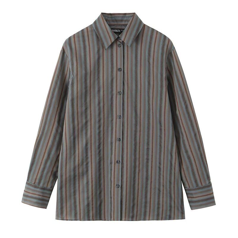 Fashion Style 2024 Fall and Winter New Women's Clothing Stylish All-Matching Striped Long Sleeves Lapel Shirt 9158339