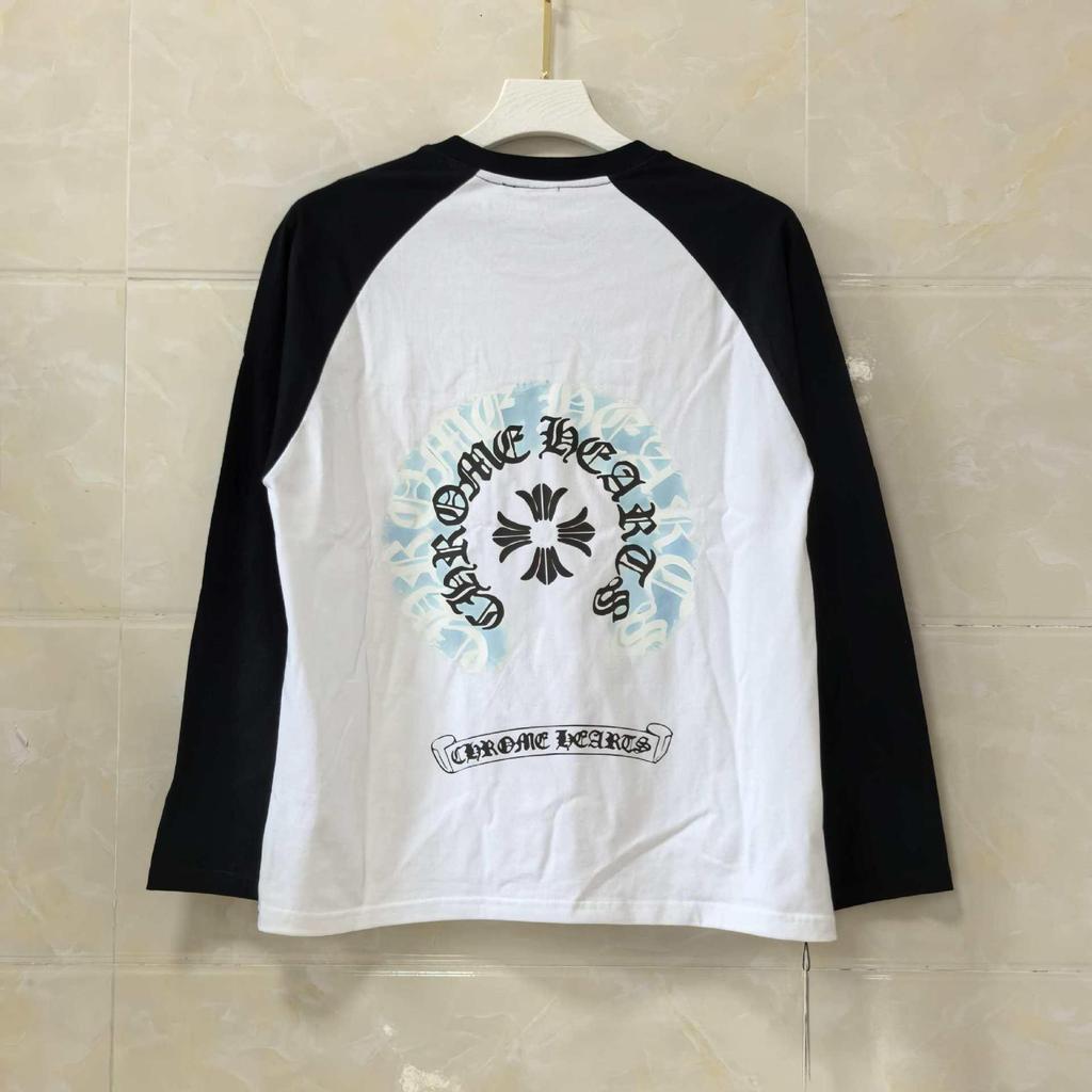 25SS Kříž Chromové Kopyto Sanskrtský Potisk Černobílé Raglánové Tričko s Dlouhým Rukávem