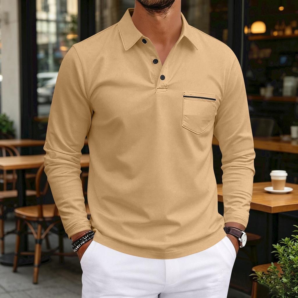 Men's Casual Long Sleeve V-Neck Button Front Shirt with Pocket