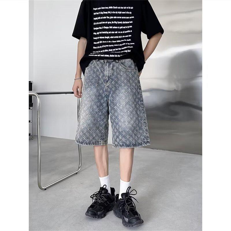 Jacquard Denim Shorts Herren Sommer Dünner Stil Hübsche Street Hose Amerikanische High Street Locker Knielang Fünf-Punkt-Hose