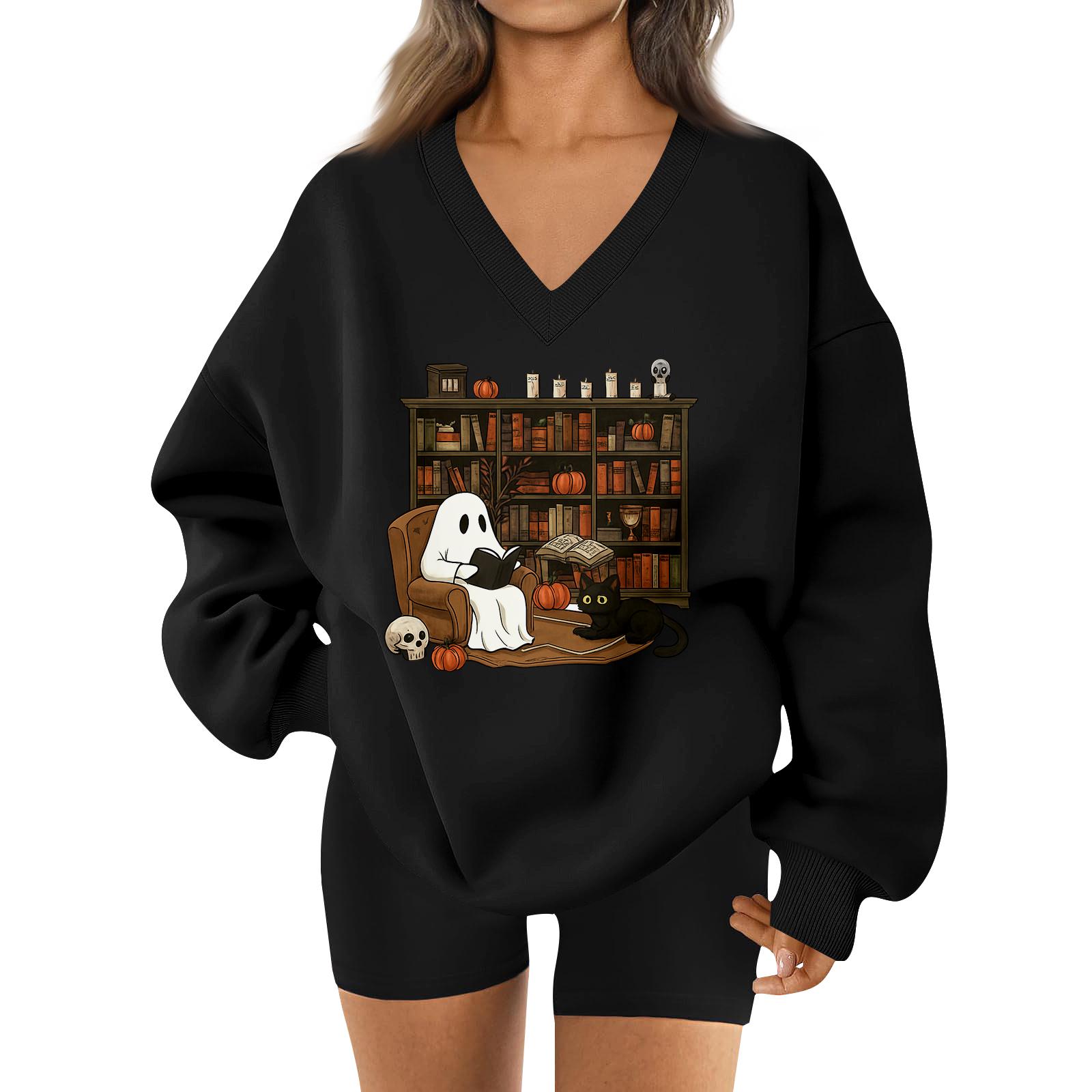 

Женский спортивный свитшот с V-образным вырезом, приспущенным плечом и принтом на Хэллоуин M чёрный