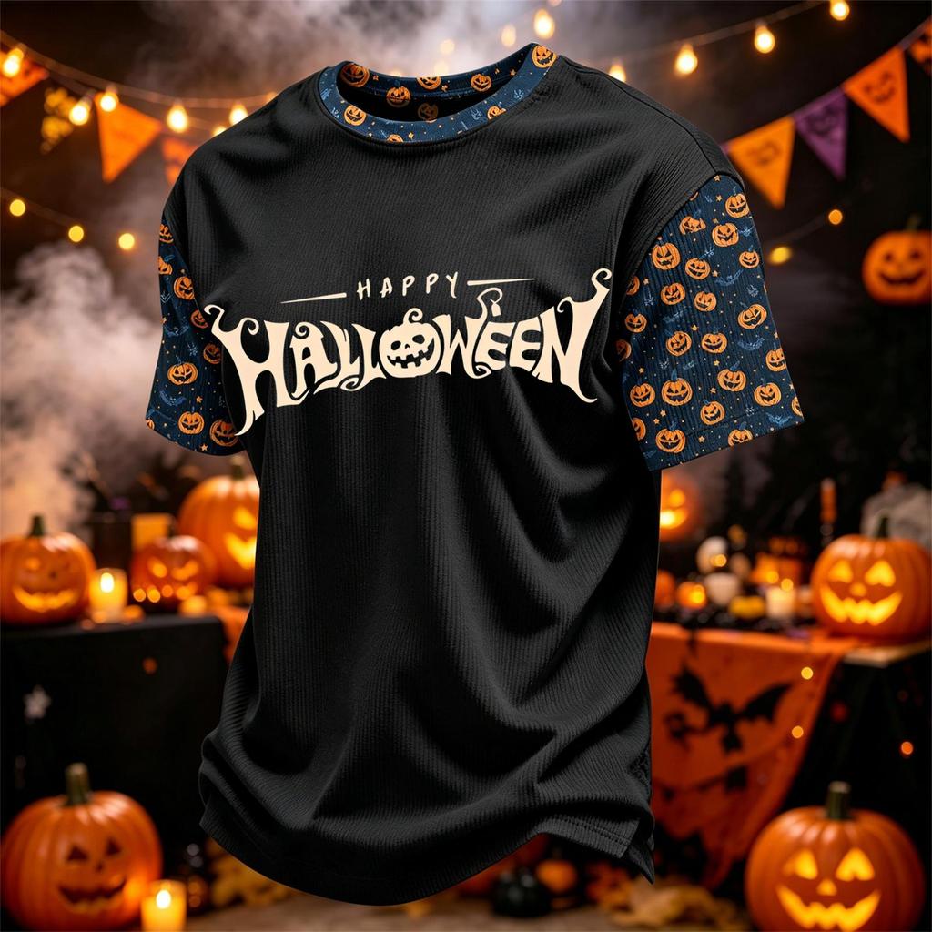 Herren Casual Corduroy Kurzarm Leicht Atmungsaktiv Rundhalsausschnitt Oberteil Halloween-Thema Aufdruck Buchstaben Design Bequeme Passform